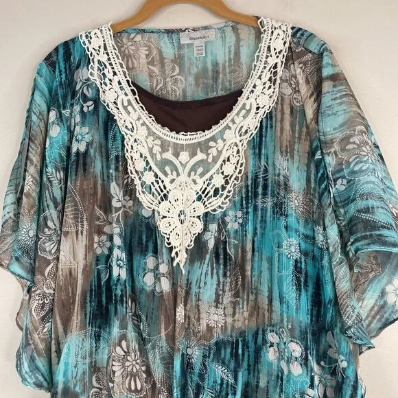 Vintage Boho Lace Trim Top Womens 18 20 Peplum Floral Feminine Flutter Sleeve - Picture 6 of 16